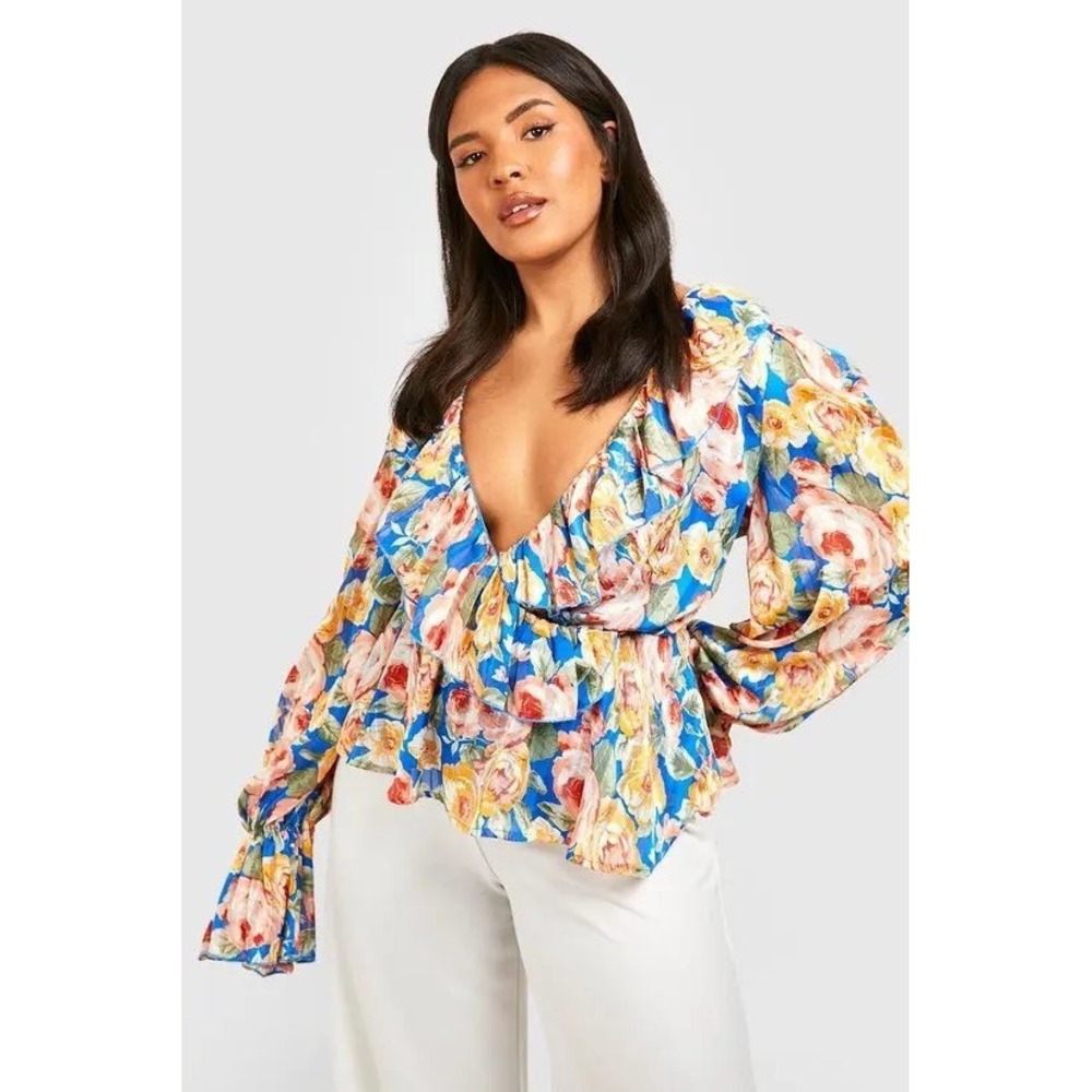 Boohoo Wrap Frill Front Floral Peplum Blouse Womens 16 Blue Ruffle Romantic Boho